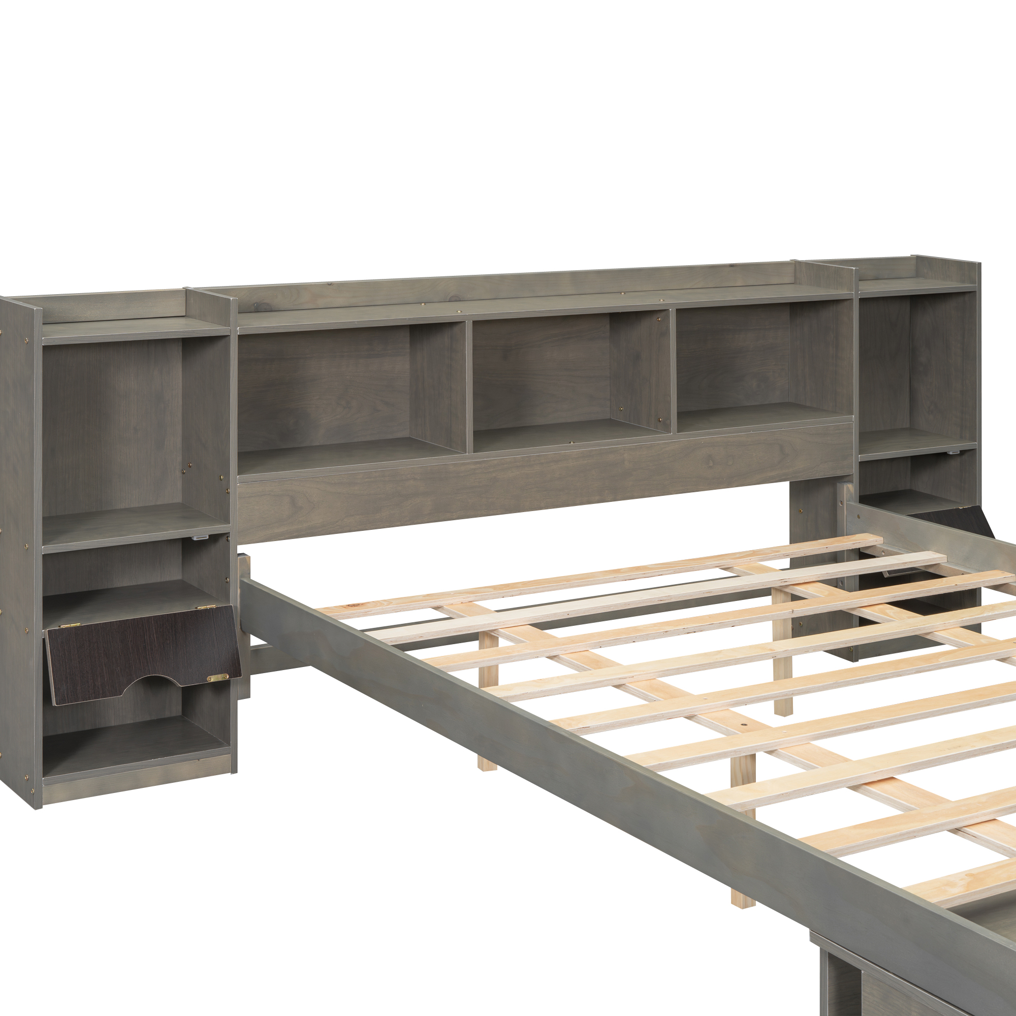 Queen Size Wood Platform Bed with Multi-storage Headboard and a Drawer, White/Gray