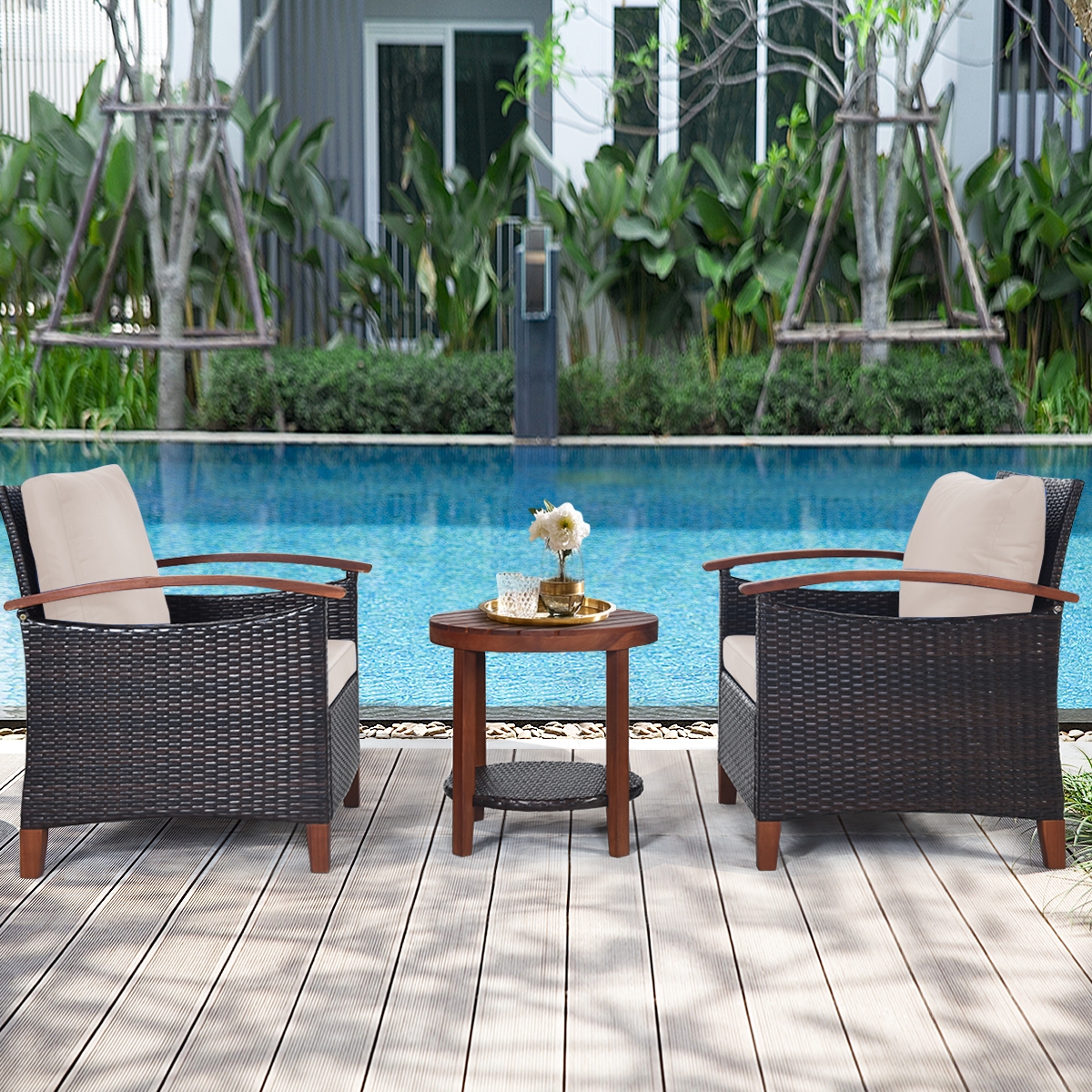 Mondawe 3 Pcs Solid Wood Frame Patio Rattan Furniture Set-Beige-Mondawe