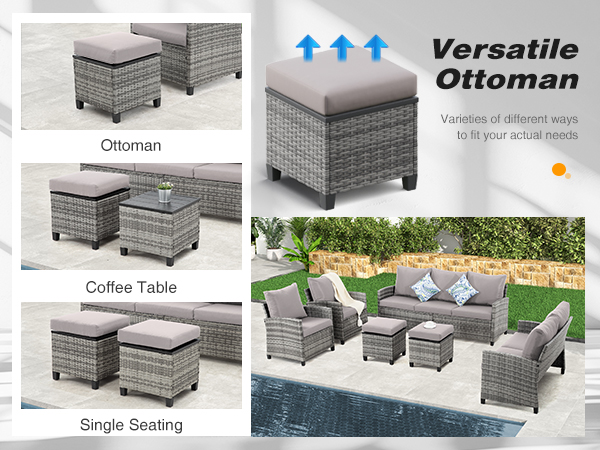 5-Piece PE Rattan Patio Furniture Set – 3-Seater Sofa, 2 Armchairs, 2 Ottomans with Cushions, Outdoor Lounge Seating, Gray/Beige/Blue