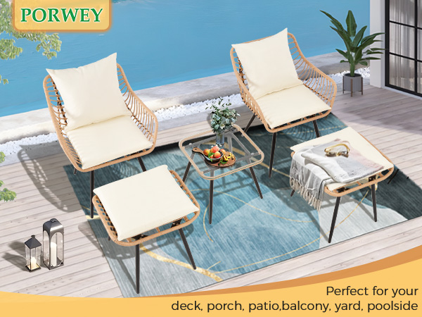 7-Piece Patio Bistro Set – PE Rattan Chairs with Cushions, Ottomans, and Tempered Glass Coffee Table, Compact Outdoor Furniture for Balcony or Small Spaces (Blue/Beige)