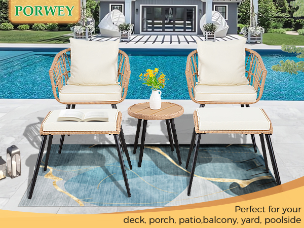 7-Piece PE Rattan Patio Furniture Set – 2 Chairs, 2 Ottomans & Round Coffee Table, Outdoor Bistro Conversation Set with Cushions, Blue/Beige