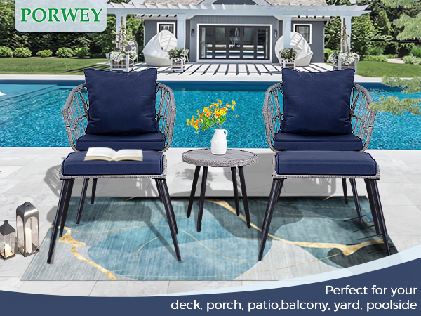 7-Piece PE Rattan Patio Furniture Set – 2 Chairs, 2 Ottomans & Round Coffee Table, Outdoor Bistro Conversation Set with Cushions, Blue/Beige