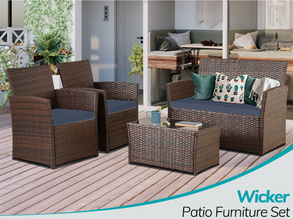 4-Piece PE Rattan Patio Furniture Set – Double Sofa, 2 Armchairs, Coffee Table with Cushions, Weather-Resistant Outdoor Conversation Set, Brown-Blue/Gray/Black-Gray/Black-Blue