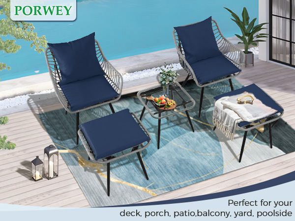 7-Piece Patio Bistro Set – PE Rattan Chairs with Cushions, Ottomans, and Tempered Glass Coffee Table, Compact Outdoor Furniture for Balcony or Small Spaces (Blue/Beige)