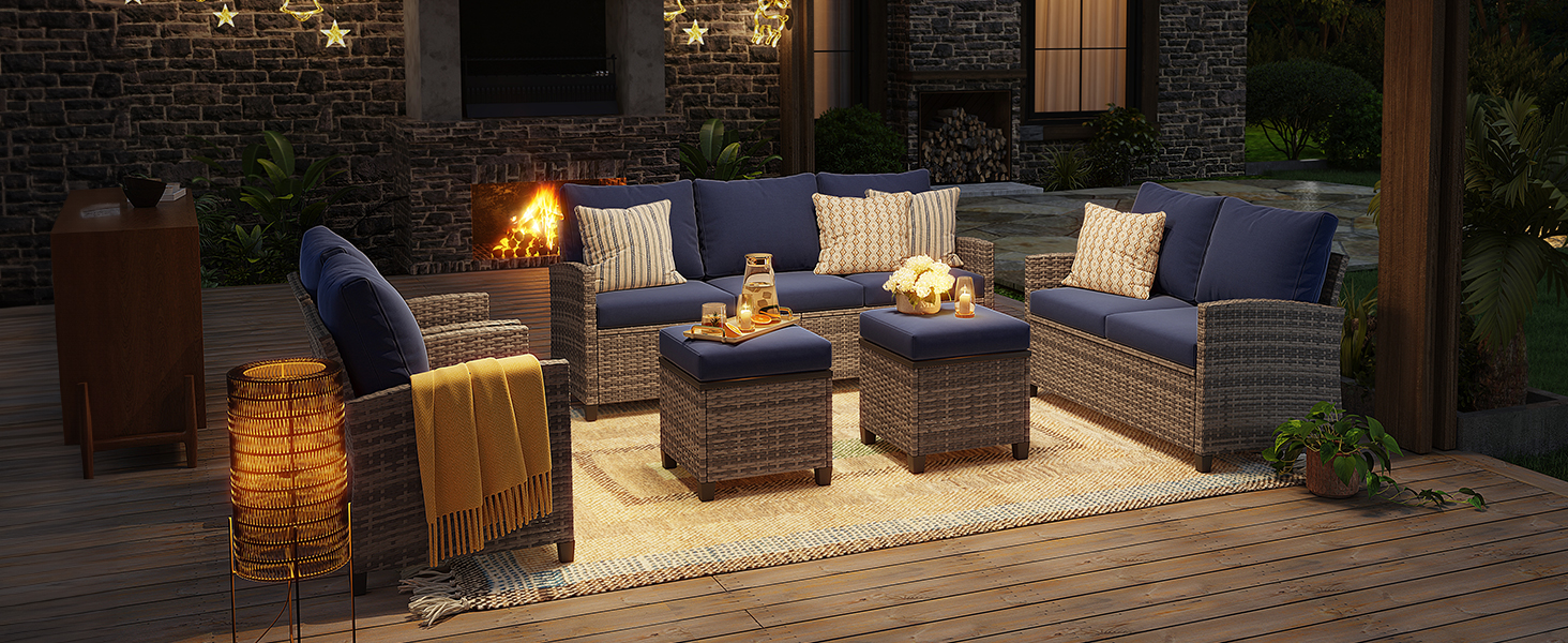 5-Piece PE Rattan Patio Furniture Set – 3-Seater Sofa, 2 Armchairs, 2 Ottomans with Cushions, Outdoor Lounge Seating, Gray/Beige/Blue