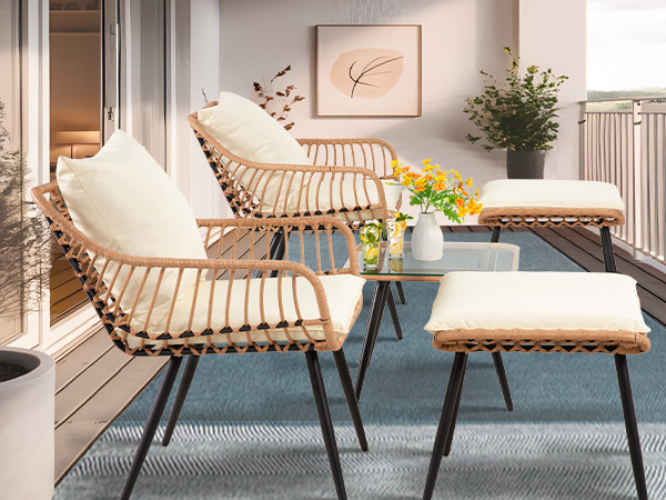 7-Piece Patio Bistro Set – PE Rattan Chairs with Cushions, Ottomans, and Tempered Glass Coffee Table, Compact Outdoor Furniture for Balcony or Small Spaces (Blue/Beige)