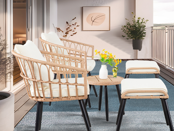 7-Piece PE Rattan Patio Furniture Set – 2 Chairs, 2 Ottomans & Round Coffee Table, Outdoor Bistro Conversation Set with Cushions, Blue/Beige