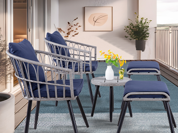 7-Piece PE Rattan Patio Furniture Set – 2 Chairs, 2 Ottomans & Round Coffee Table, Outdoor Bistro Conversation Set with Cushions, Blue/Beige