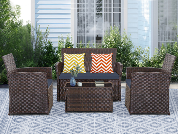 4-Piece PE Rattan Patio Furniture Set – Double Sofa, 2 Armchairs, Coffee Table with Cushions, Weather-Resistant Outdoor Conversation Set, Brown-Blue/Gray/Black-Gray/Black-Blue