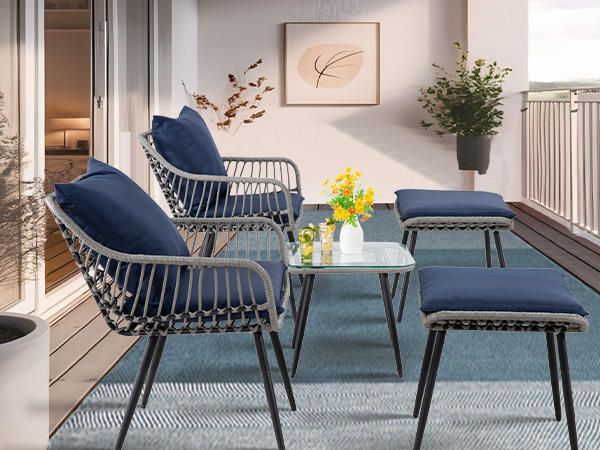 7-Piece Patio Bistro Set – PE Rattan Chairs with Cushions, Ottomans, and Tempered Glass Coffee Table, Compact Outdoor Furniture for Balcony or Small Spaces (Blue/Beige)