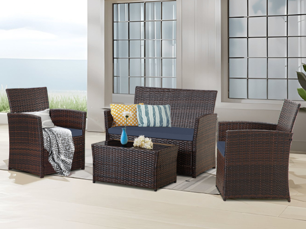 4-Piece PE Rattan Patio Furniture Set – Double Sofa, 2 Armchairs, Coffee Table with Cushions, Weather-Resistant Outdoor Conversation Set, Brown-Blue/Gray/Black-Gray/Black-Blue
