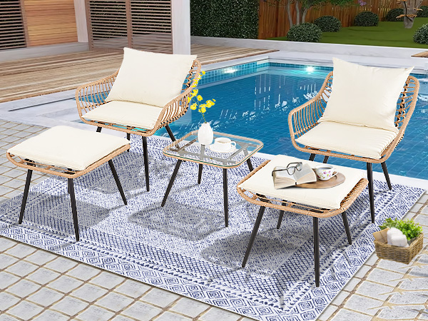 7-Piece Patio Bistro Set – PE Rattan Chairs with Cushions, Ottomans, and Tempered Glass Coffee Table, Compact Outdoor Furniture for Balcony or Small Spaces (Blue/Beige)