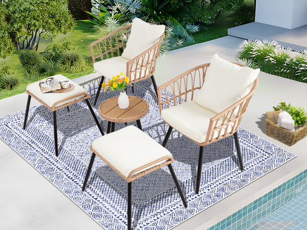 7-Piece PE Rattan Patio Furniture Set – 2 Chairs, 2 Ottomans & Round Coffee Table, Outdoor Bistro Conversation Set with Cushions, Blue/Beige