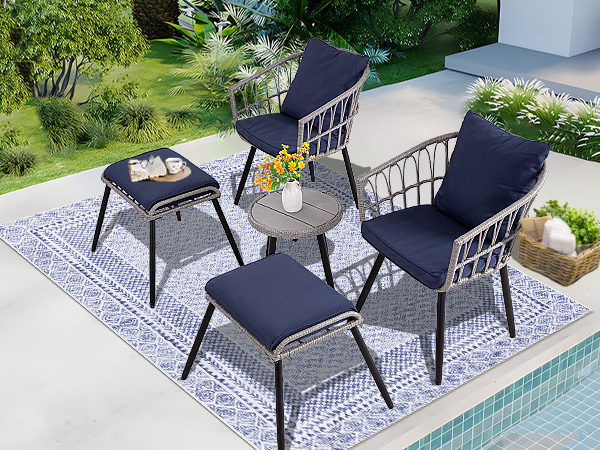 7-Piece PE Rattan Patio Furniture Set – 2 Chairs, 2 Ottomans & Round Coffee Table, Outdoor Bistro Conversation Set with Cushions, Blue/Beige