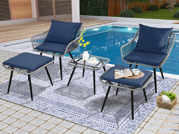 7-Piece Patio Bistro Set – PE Rattan Chairs with Cushions, Ottomans, and Tempered Glass Coffee Table, Compact Outdoor Furniture for Balcony or Small Spaces (Blue/Beige)