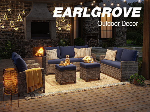 5-Piece PE Rattan Patio Furniture Set – 3-Seater Sofa, 2 Armchairs, 2 Ottomans with Cushions, Outdoor Lounge Seating, Gray/Beige/Blue