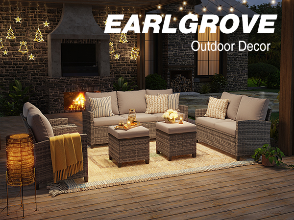 5-Piece PE Rattan Patio Furniture Set – 3-Seater Sofa, 2 Armchairs, 2 Ottomans with Cushions, Outdoor Lounge Seating, Gray/Beige/Blue