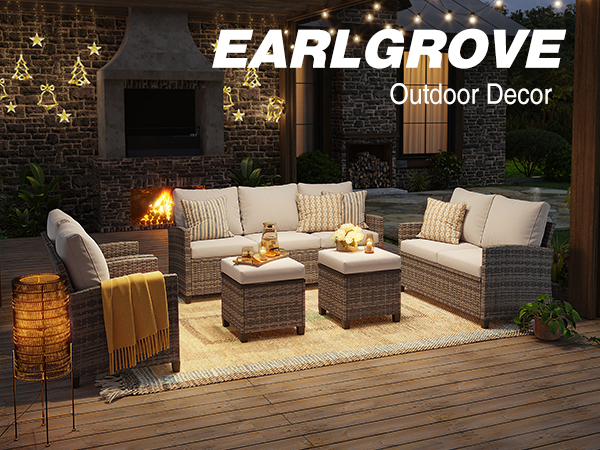 5-Piece PE Rattan Patio Furniture Set – 3-Seater Sofa, 2 Armchairs, 2 Ottomans with Cushions, Outdoor Lounge Seating, Gray/Beige/Blue