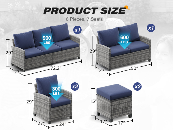 5-Piece PE Rattan Patio Furniture Set – 3-Seater Sofa, 2 Armchairs, 2 Ottomans with Cushions, Outdoor Lounge Seating, Gray/Beige/Blue