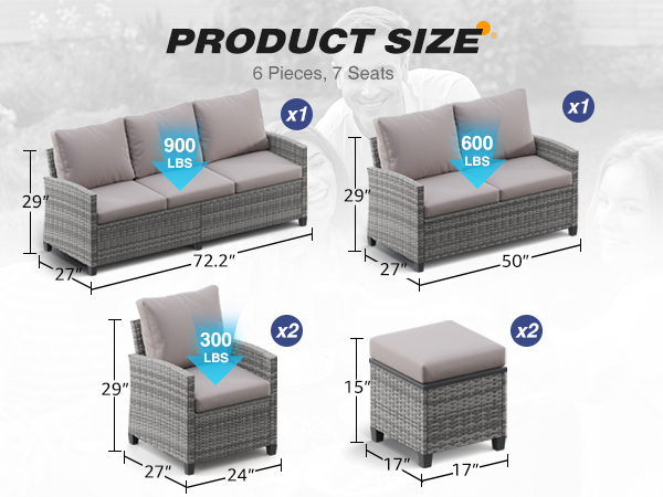5-Piece PE Rattan Patio Furniture Set – 3-Seater Sofa, 2 Armchairs, 2 Ottomans with Cushions, Outdoor Lounge Seating, Gray/Beige/Blue