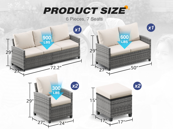 5-Piece PE Rattan Patio Furniture Set – 3-Seater Sofa, 2 Armchairs, 2 Ottomans with Cushions, Outdoor Lounge Seating, Gray/Beige/Blue
