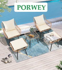 7-Piece Patio Bistro Set – PE Rattan Chairs with Cushions, Ottomans, and Tempered Glass Coffee Table, Compact Outdoor Furniture for Balcony or Small Spaces (Blue/Beige)