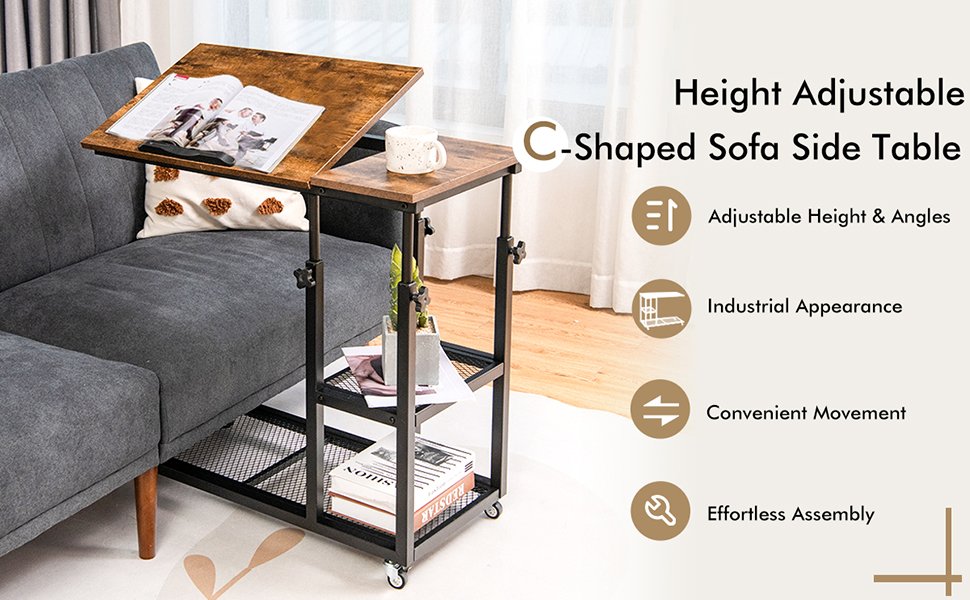 Adjustable C-Shaped Bedside End Table with Wheels