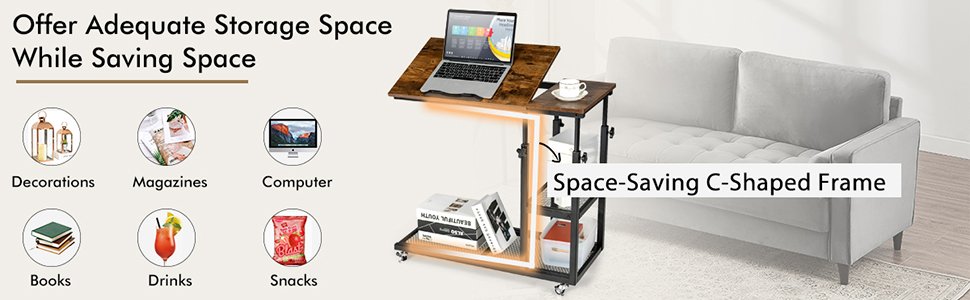 Adjustable C-Shaped Bedside End Table with Wheels