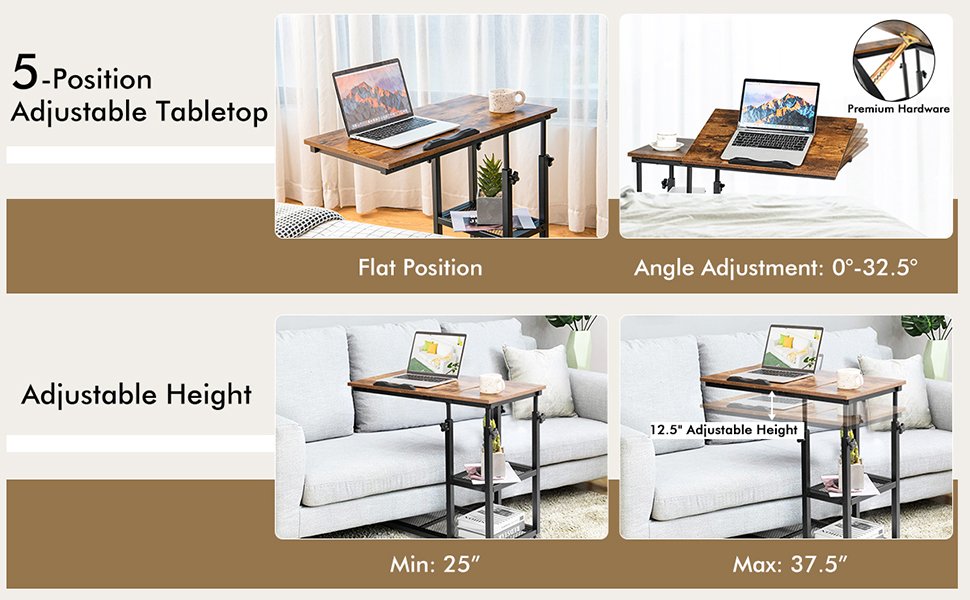 Adjustable C-Shaped Bedside End Table with Wheels