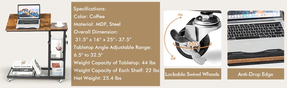 Adjustable C-Shaped Bedside End Table with Wheels