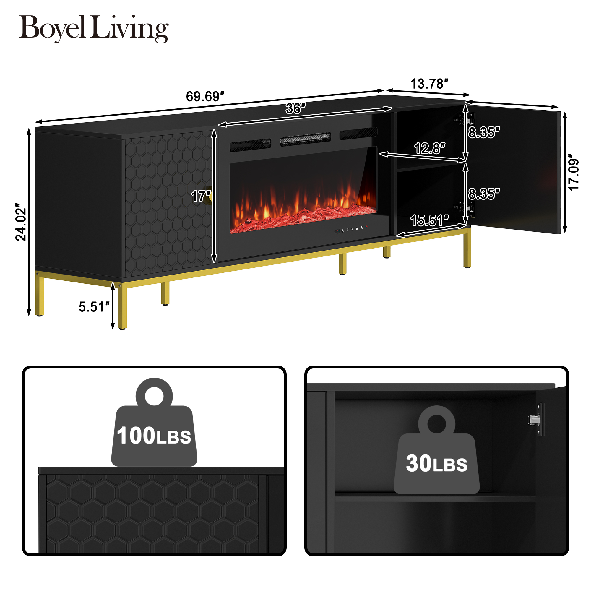 TV Stand with Built-in 36" Electric Fireplace Fits TVs Up to 75"