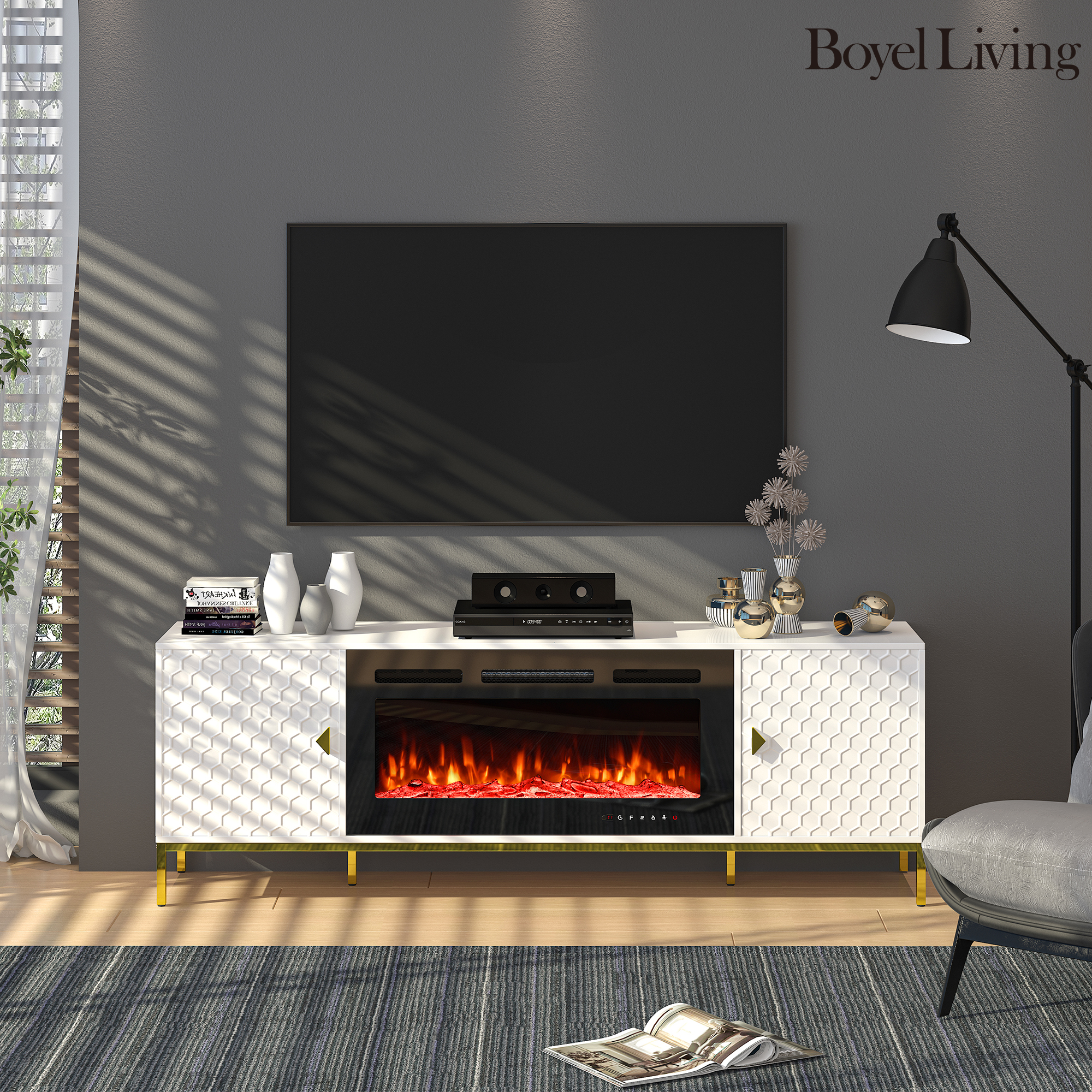 TV Stand with Built-in 36" Electric Fireplace Fits TVs Up to 75"