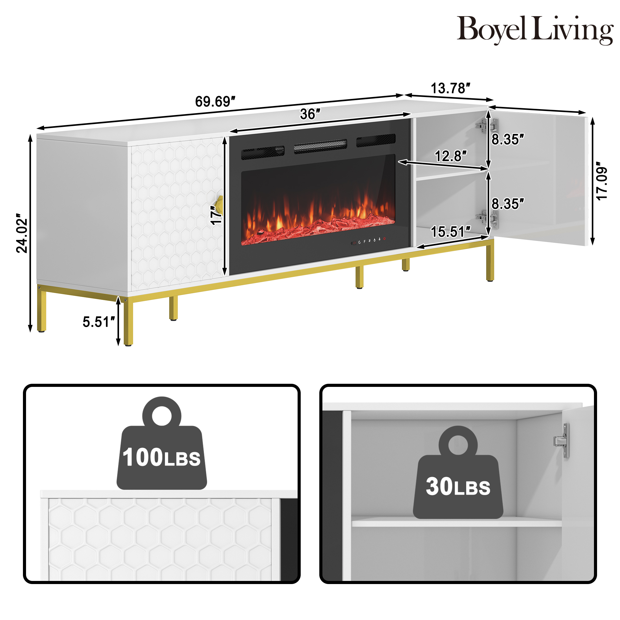 TV Stand with Built-in 36" Electric Fireplace Fits TVs Up to 75"