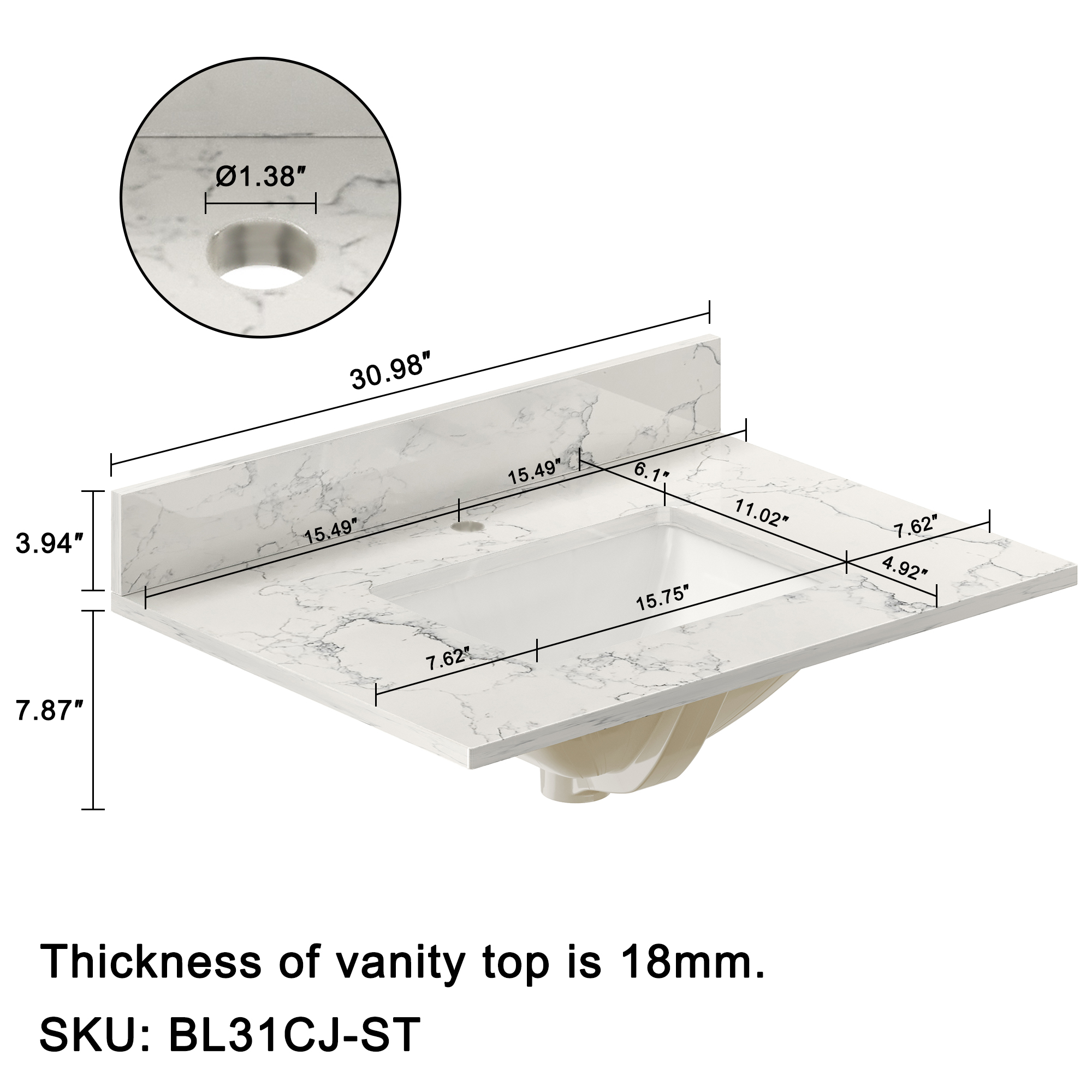 31 in. W x 22 in. D Engineered Stone Composite White Rectangular Single Sink Bathroom Vanity Top
