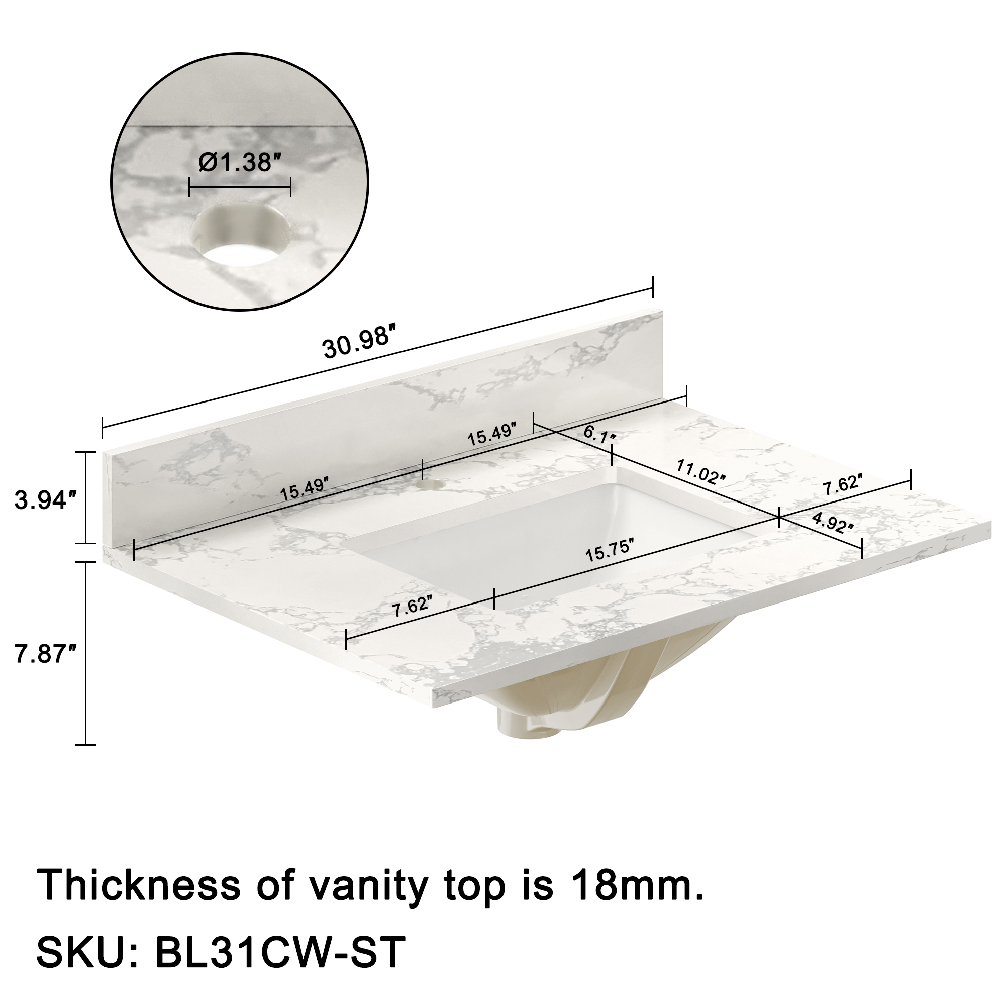 31 in. W x 22 in. D Engineered Stone Composite White Rectangular Single Sink Bathroom Vanity Top