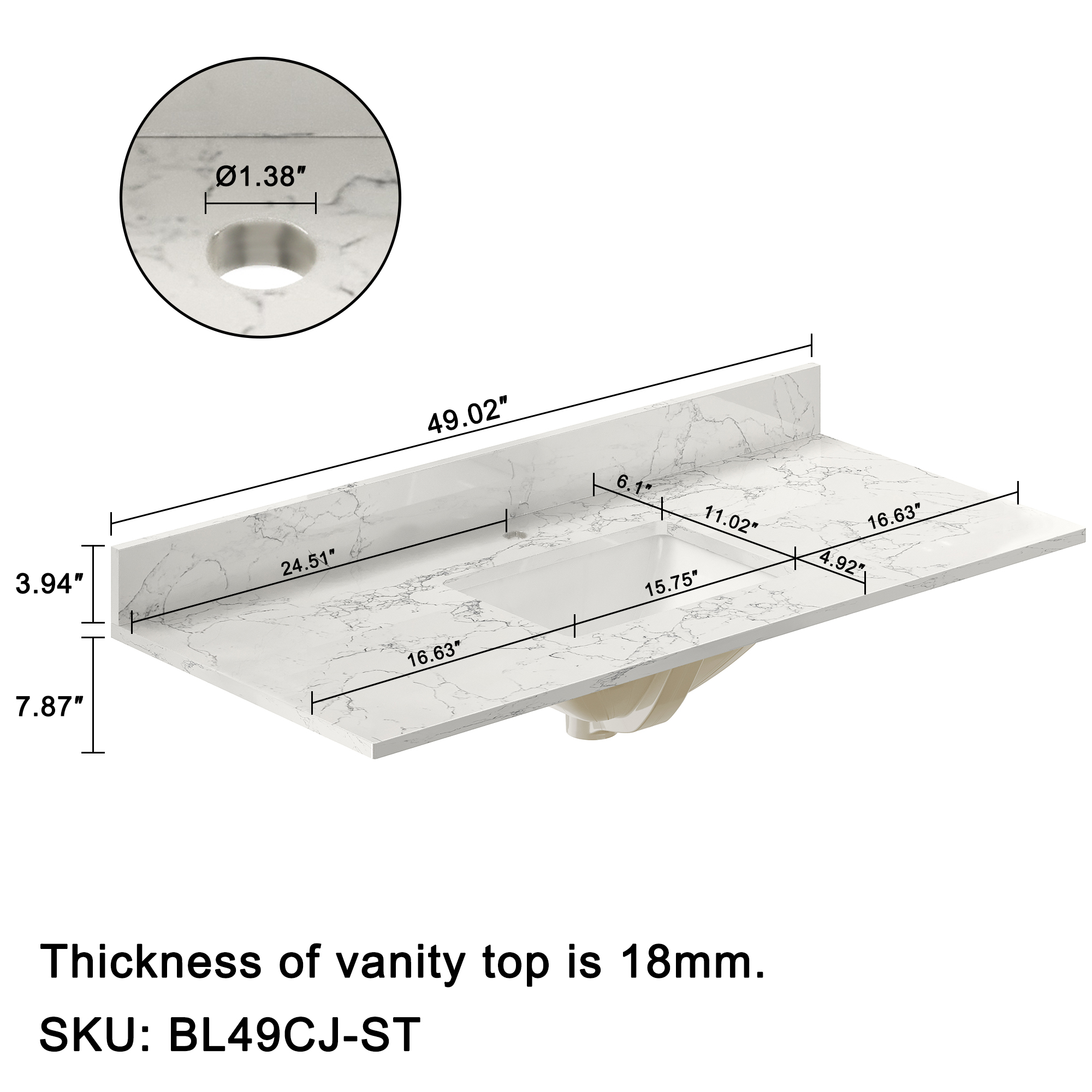 49 in. W x 22 in. D Engineered Stone Composite White Rectangular Single Sink Bathroom Vanity Top