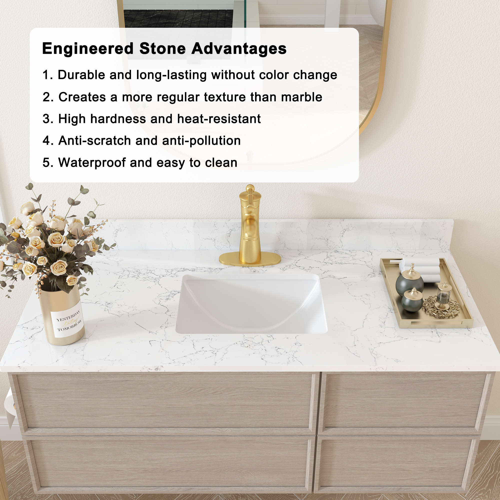 49 in. W x 22 in. D Engineered Stone Composite White Rectangular Single Sink Bathroom Vanity Top
