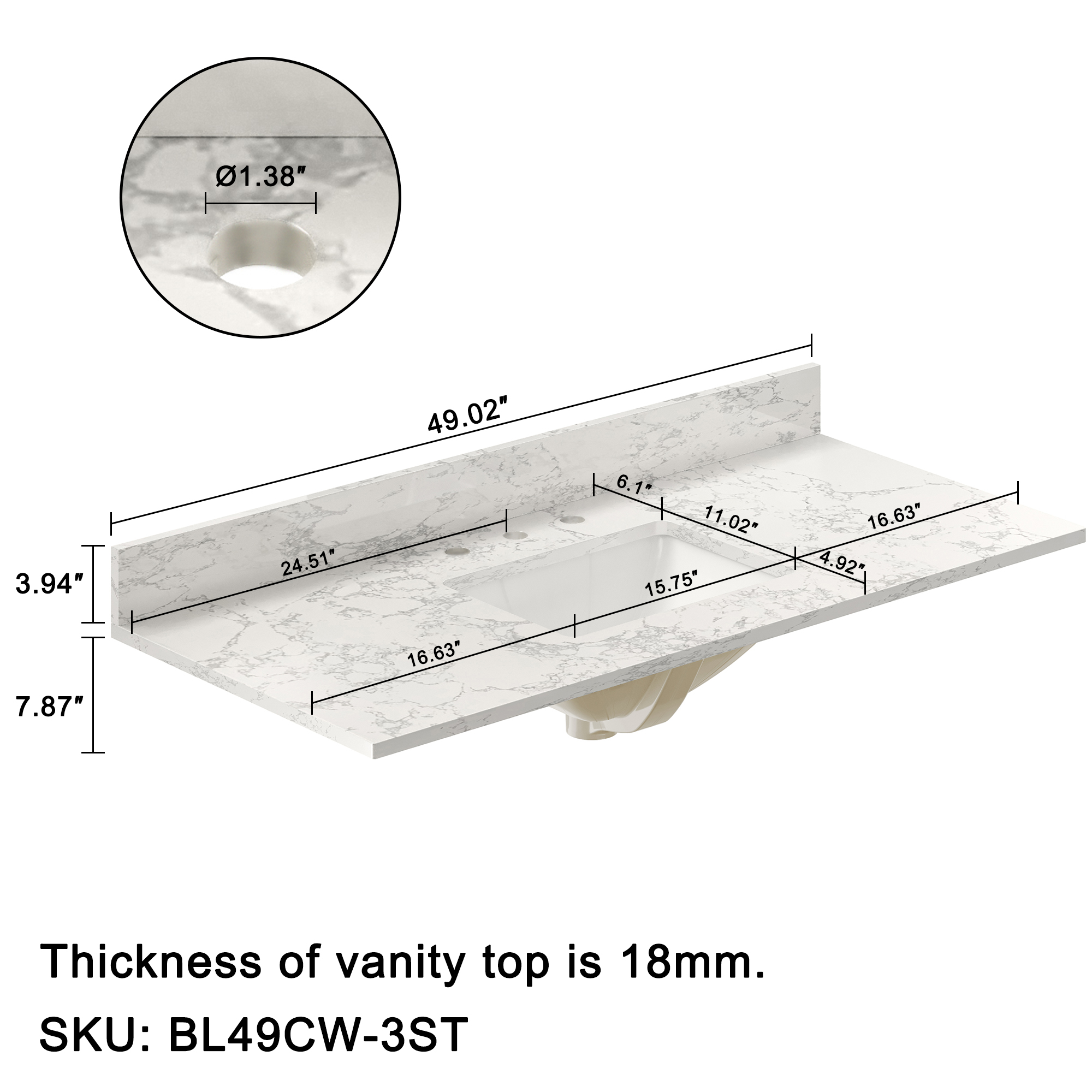 49 in. W x 22 in. D Engineered Stone Composite White Rectangular Single Sink Bathroom Vanity Top