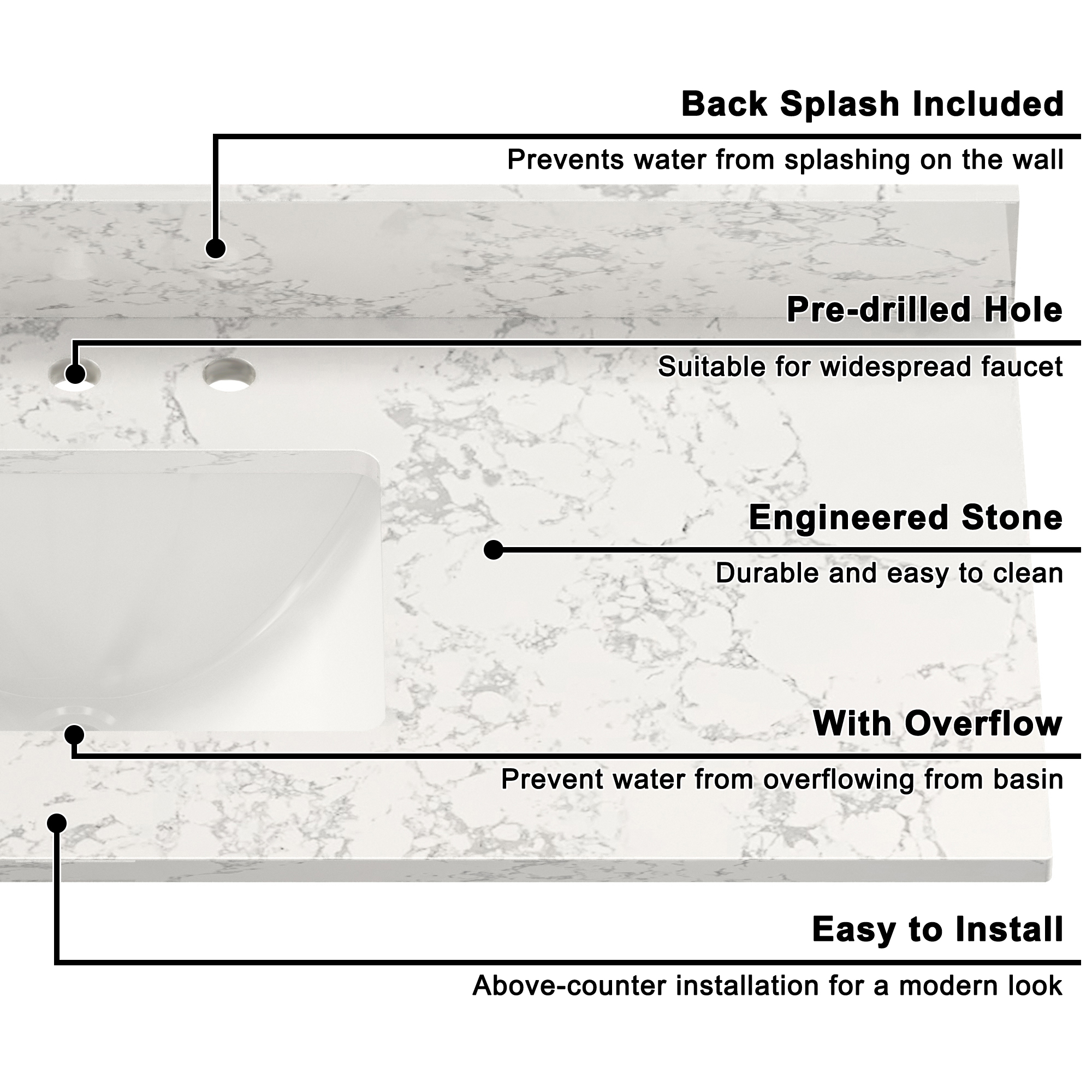 49 in. W x 22 in. D Engineered Stone Composite White Rectangular Single Sink Bathroom Vanity Top