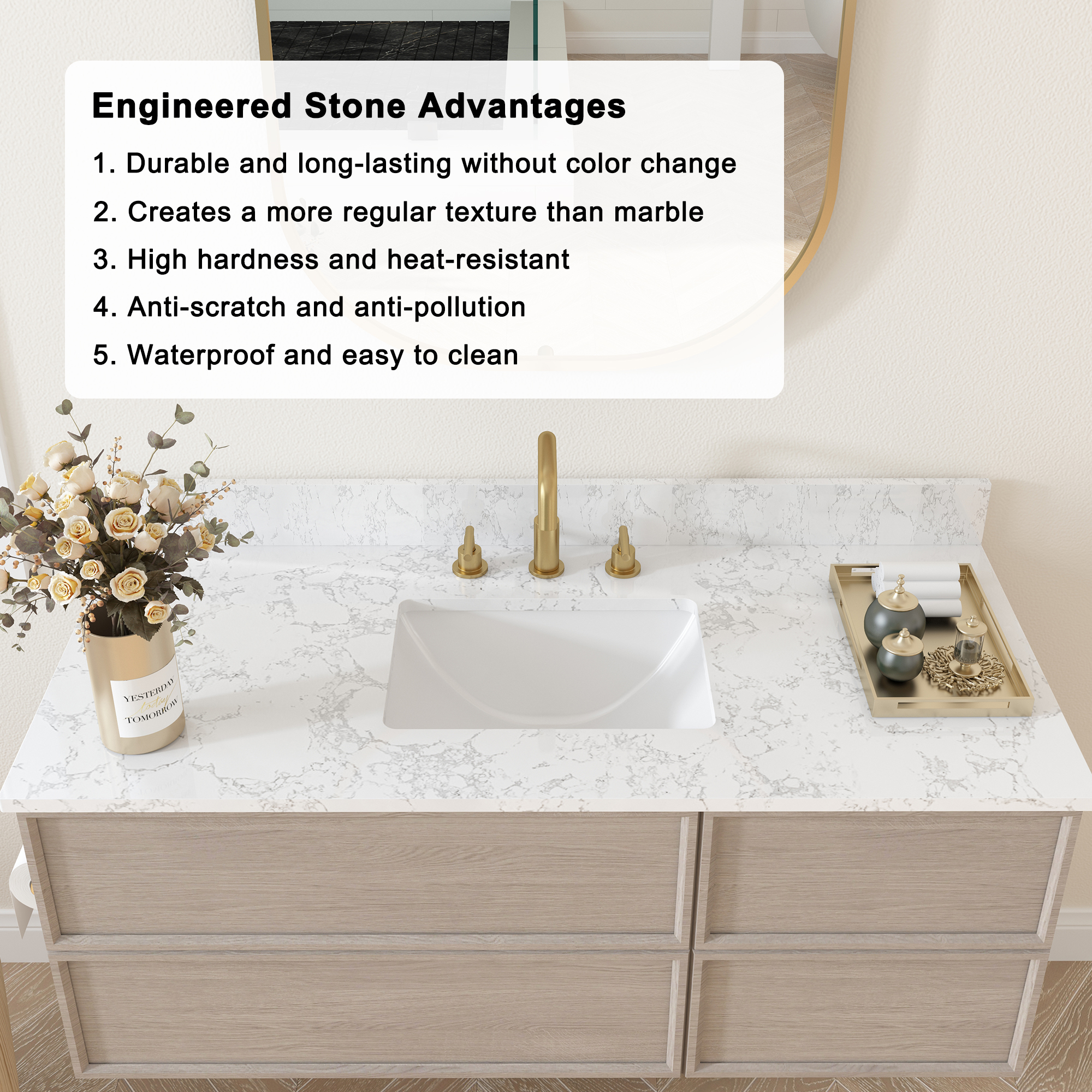 49 in. W x 22 in. D Engineered Stone Composite White Rectangular Single Sink Bathroom Vanity Top