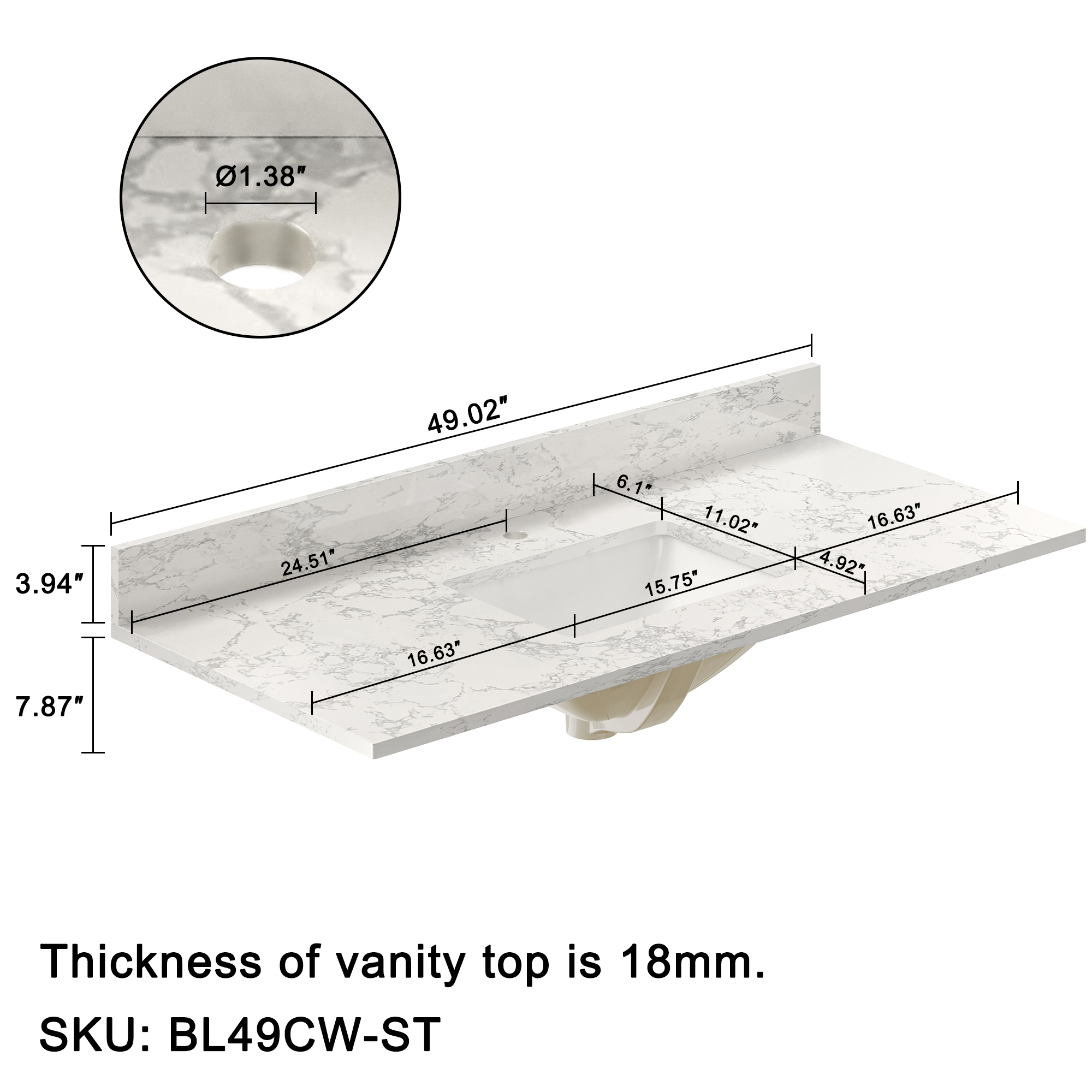 49 in. W x 22 in. D Engineered Stone Composite White Rectangular Single Sink Bathroom Vanity Top