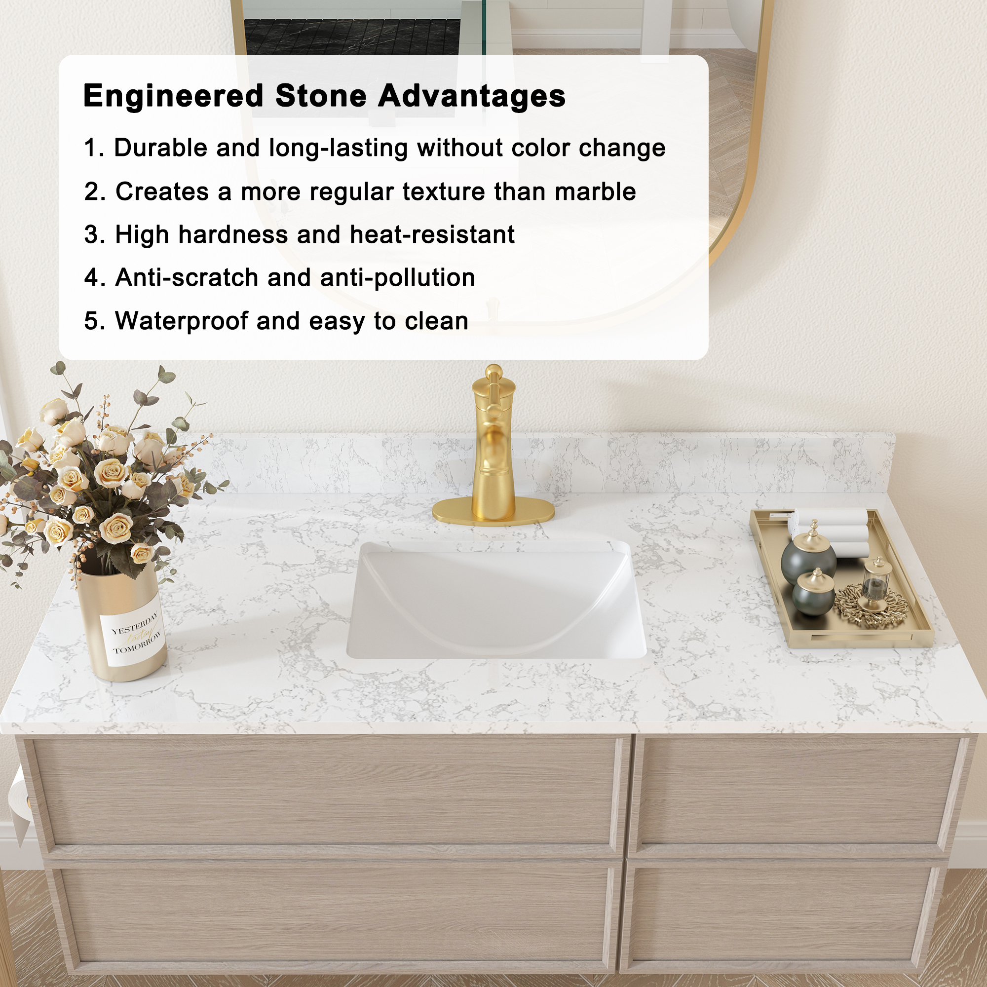 49 in. W x 22 in. D Engineered Stone Composite White Rectangular Single Sink Bathroom Vanity Top