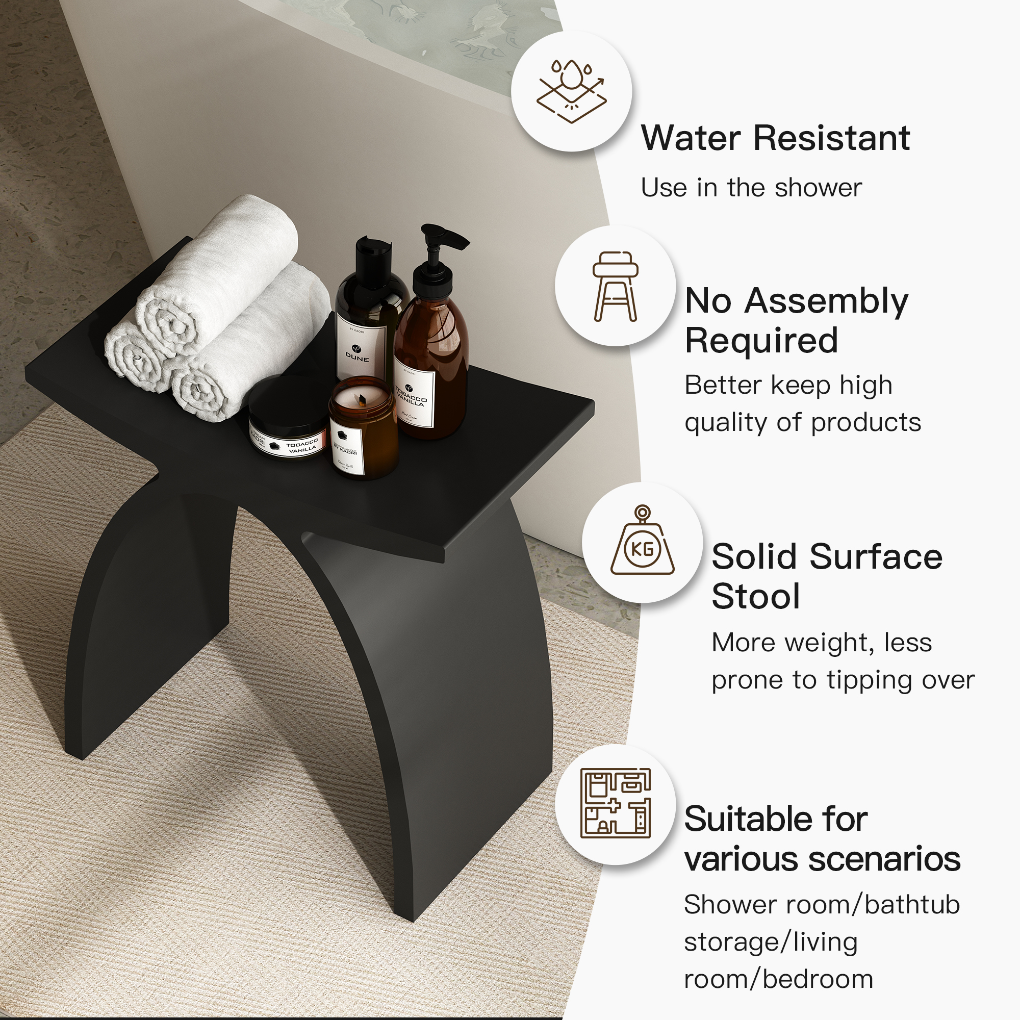 Solid Surface Stool for Bathroom - Matte White/Matte Black