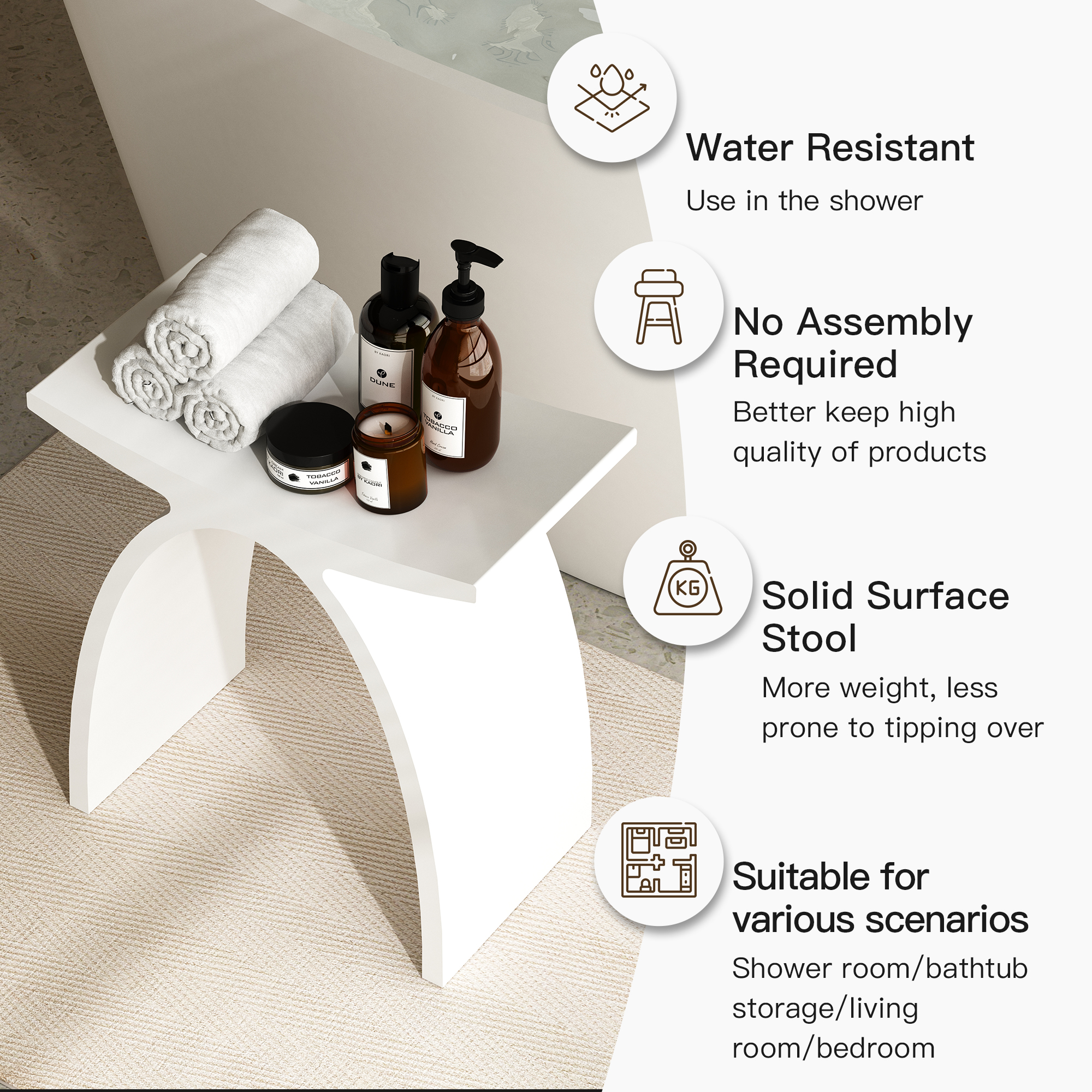 Solid Surface Stool for Bathroom - Matte White/Matte Black