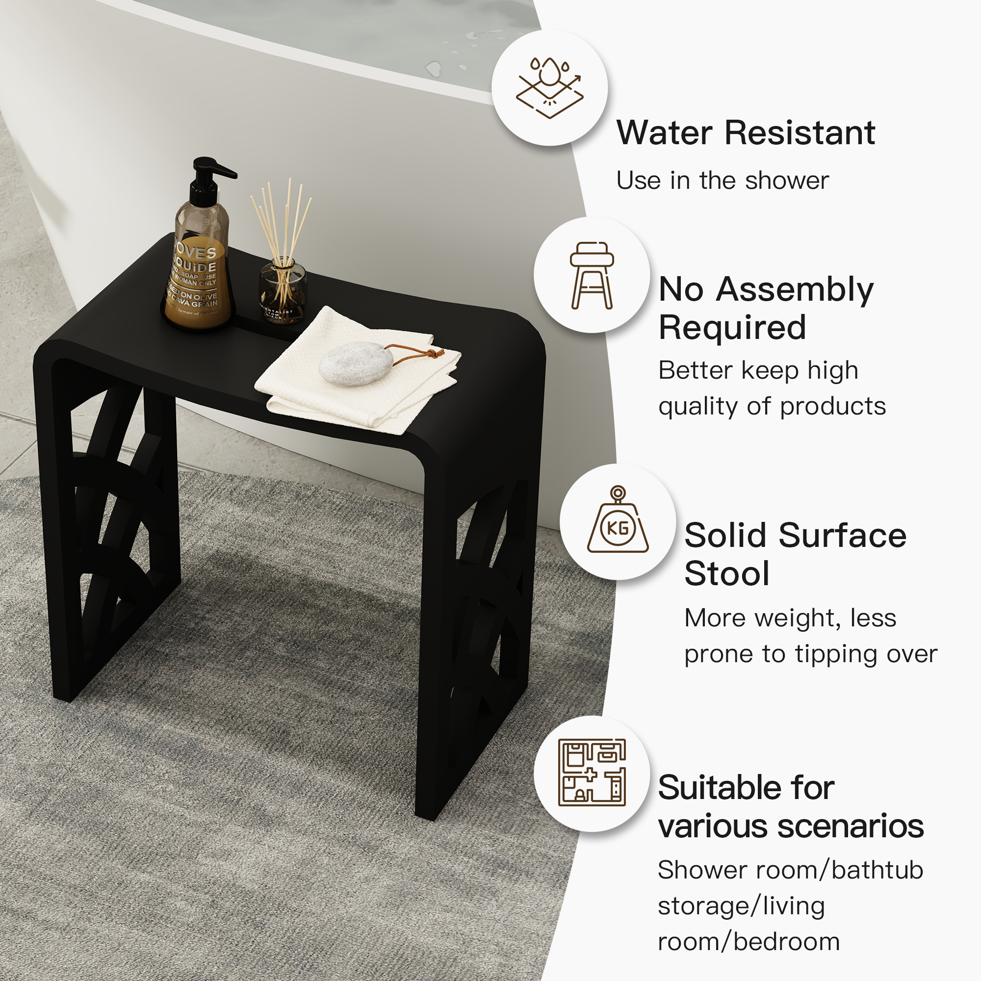 Matte artificial stone stool , Applicable to multiple scenes, can be used in shower room/bathtub side storage/living room/bedroom