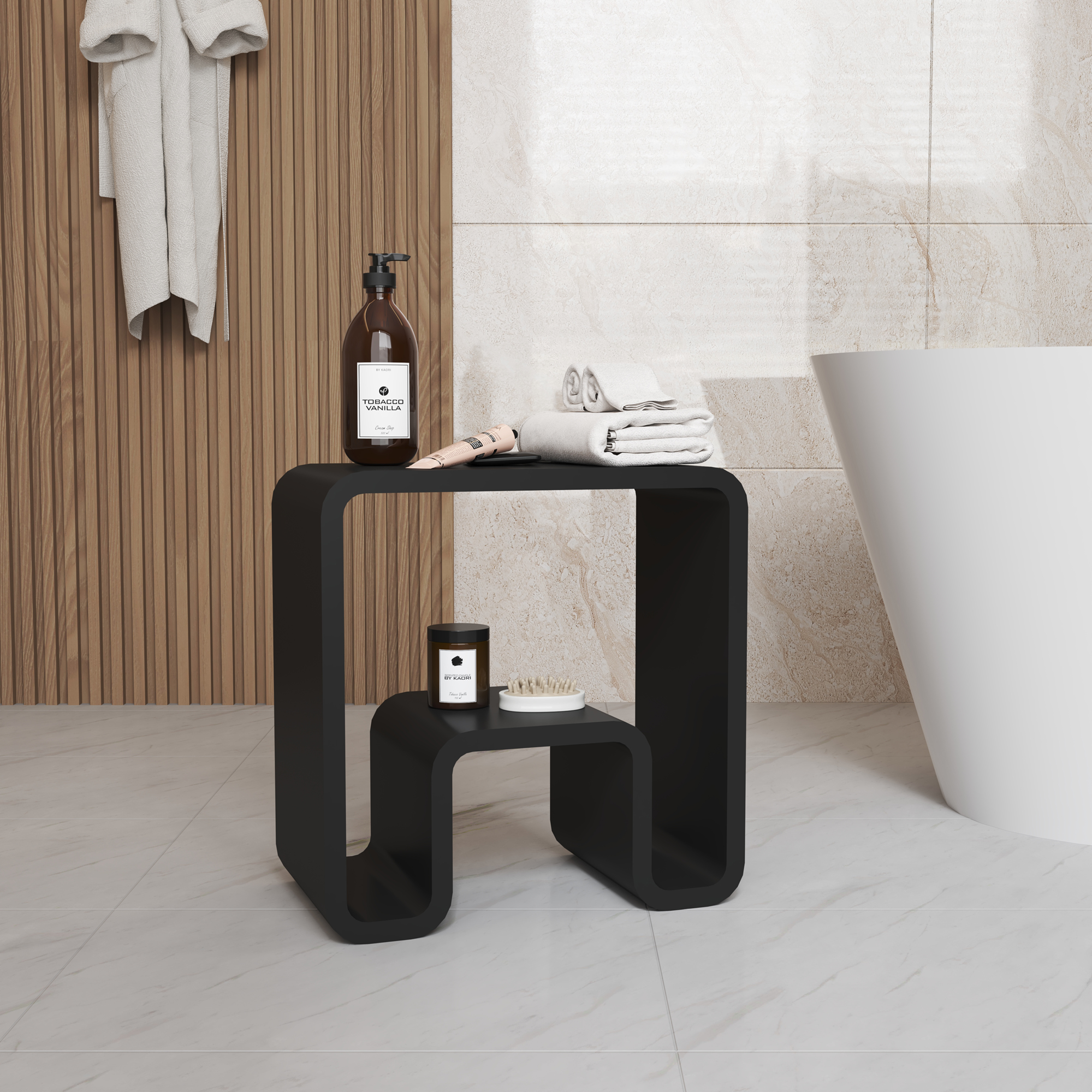 Solid Surface Stool for Bathroom - Matte White/Matte Black，Applicable to multiple scenes, can be used in shower room/bathtub side storage/living room/bedroom