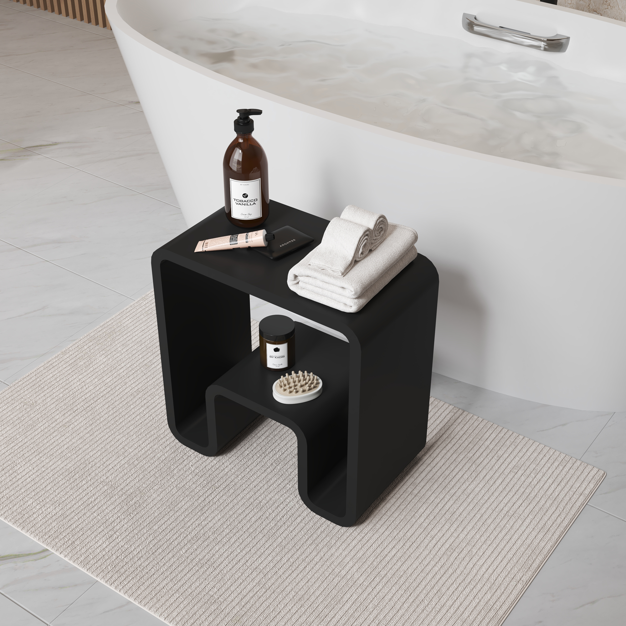 Solid Surface Stool for Bathroom - Matte White/Matte Black，Applicable to multiple scenes, can be used in shower room/bathtub side storage/living room/bedroom