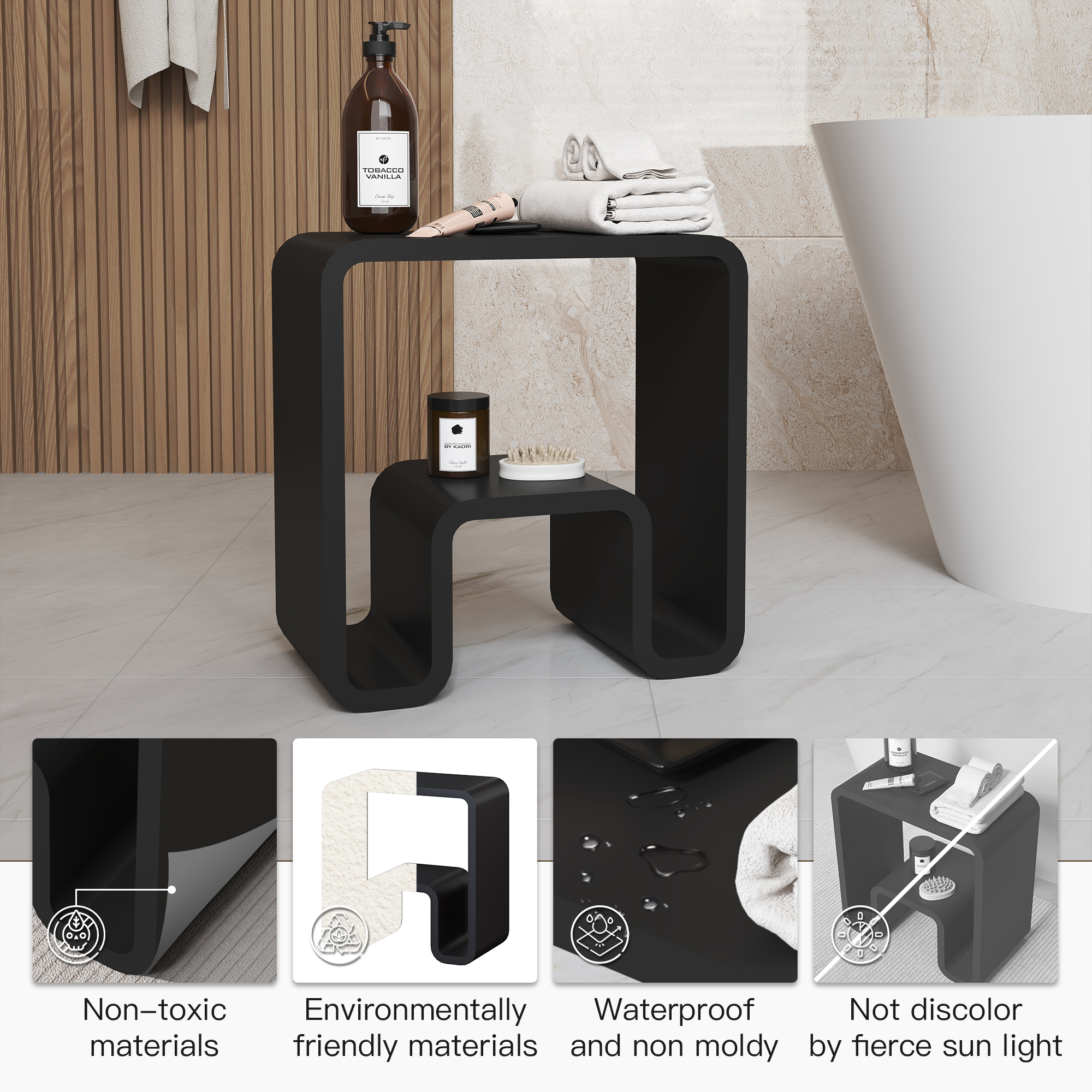 Solid Surface Stool for Bathroom - Matte White/Matte Black，Applicable to multiple scenes, can be used in shower room/bathtub side storage/living room/bedroom