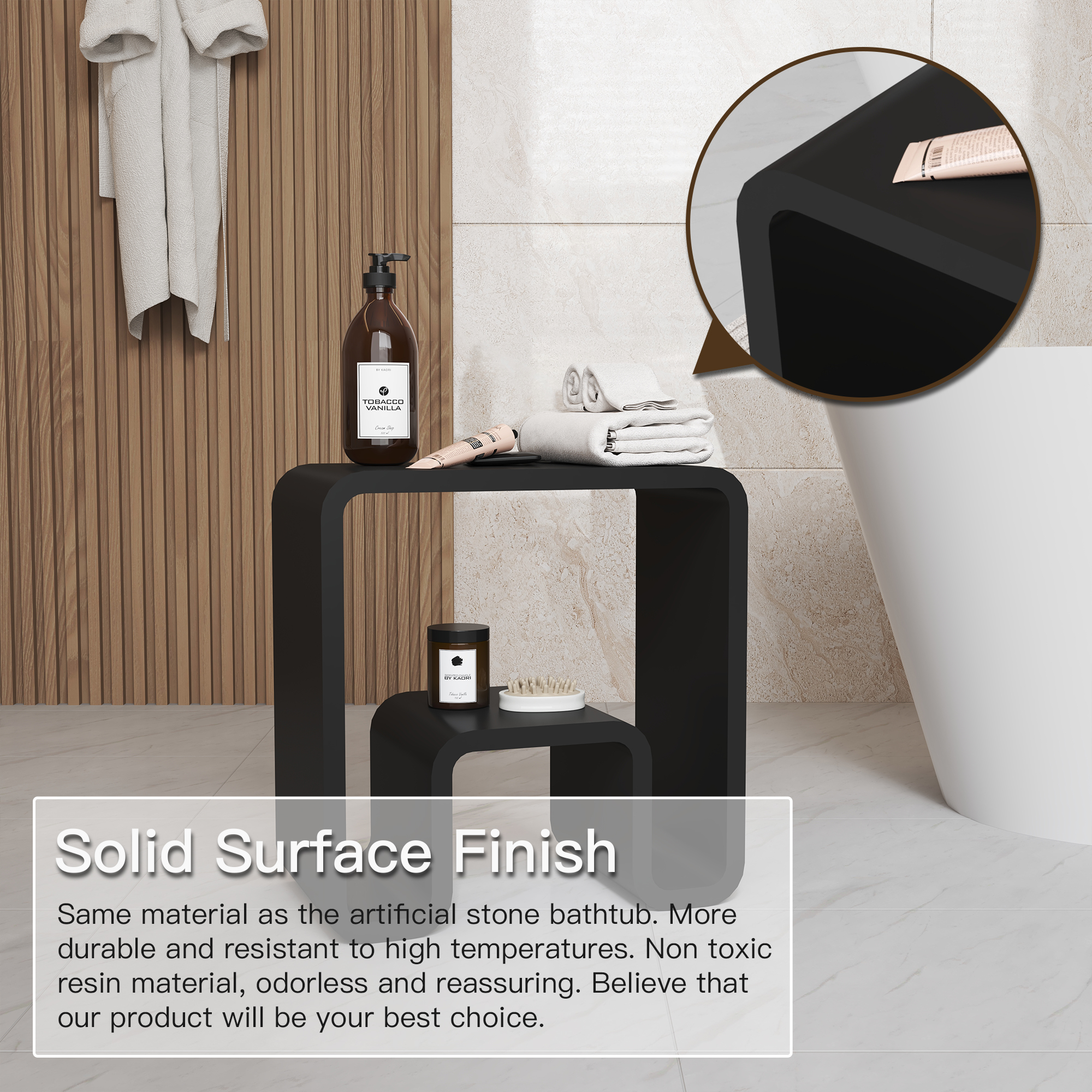 Solid Surface Stool for Bathroom - Matte White/Matte Black，Applicable to multiple scenes, can be used in shower room/bathtub side storage/living room/bedroom