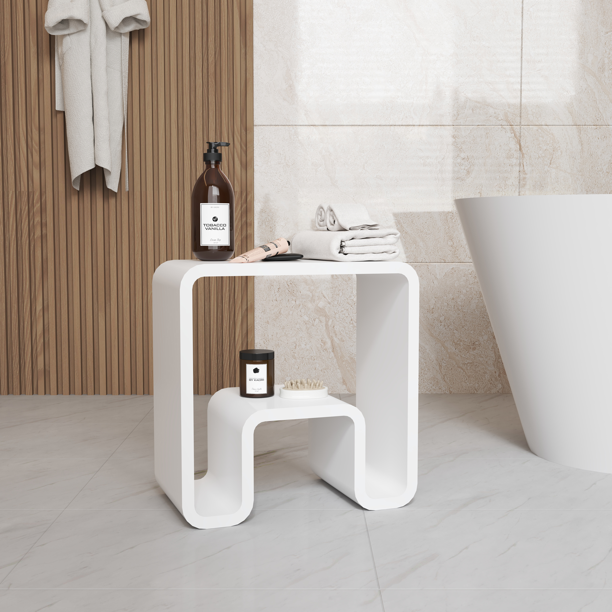 Solid Surface Stool for Bathroom - Matte White/Matte Black，Applicable to multiple scenes, can be used in shower room/bathtub side storage/living room/bedroom